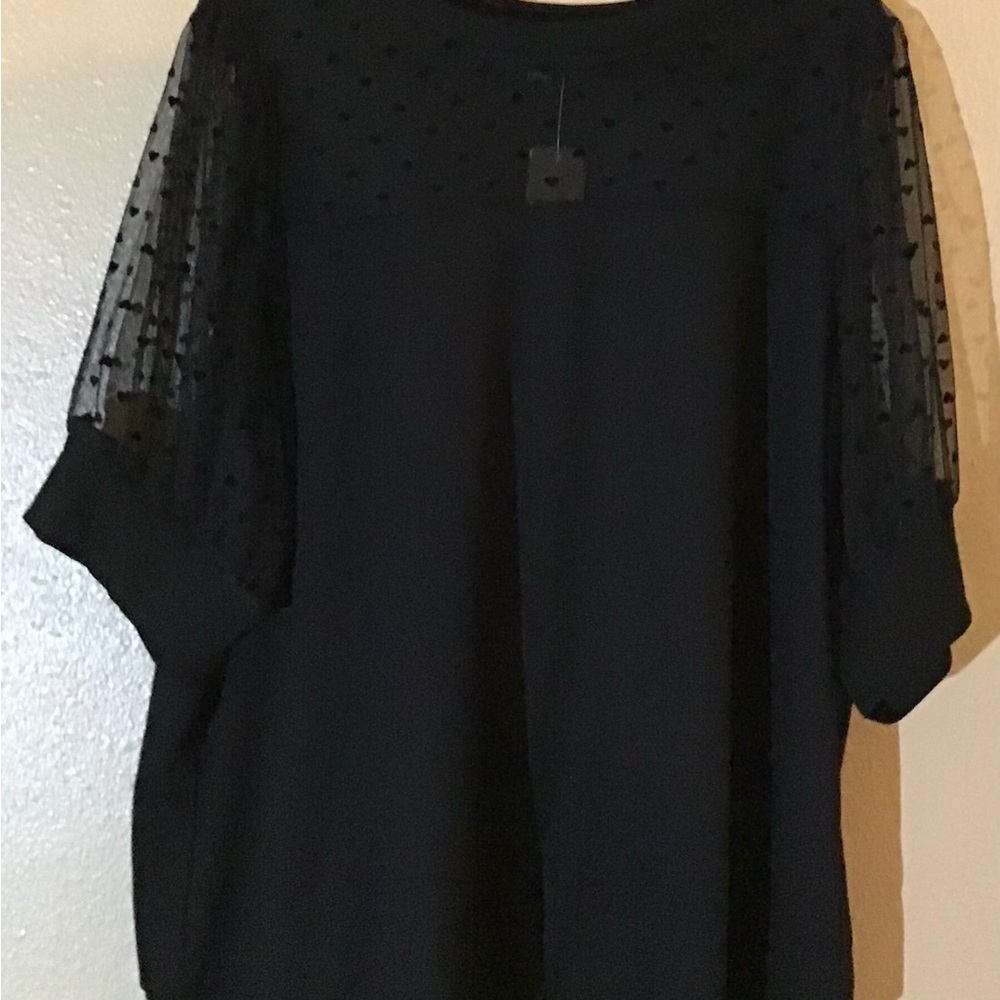 Torrid Black Flocked Heart and Mesh Short Sleeve Sweatshirt